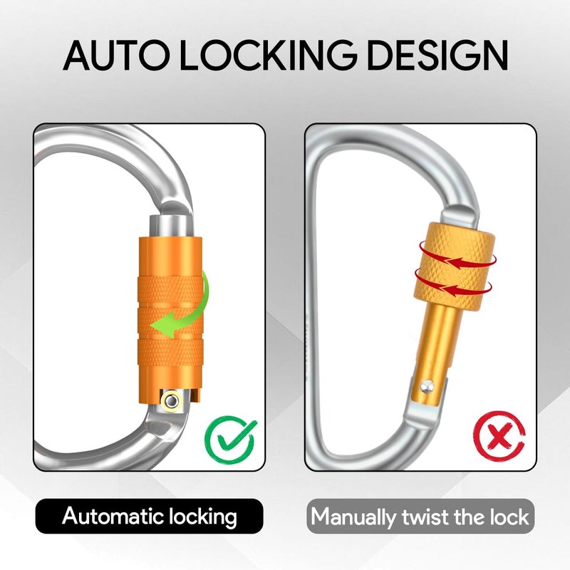 FVW CE Certified Auto Locking Climbing Carabiners, Professional 25KN (5620 lbs) Heavy Duty Caribeaners for Rappelling Swing Rescue & Gym etc, Large D-Shaped Carabiners - Image 4